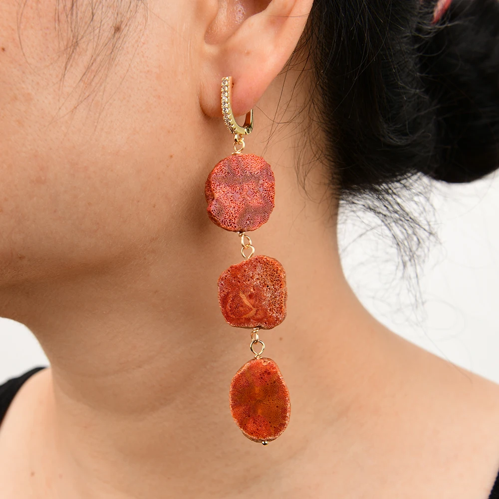 G-G Natural Red Coral Slice Chunky Nugget Freeform Dangle Earrings For Lady Boho Jewelry