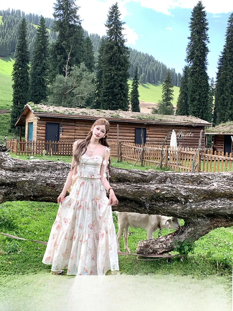 

Pink ort Strap Vest And High Waist A-Line Skirt Set Women's Summer Two-Piece Suit Sweet Sle Four Seasons Universal