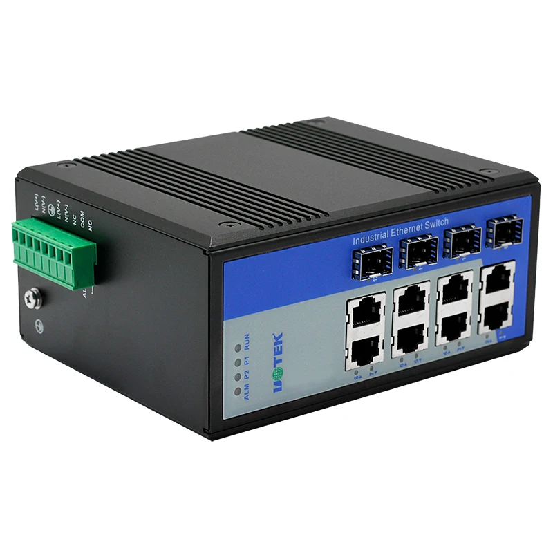 UOTEK 12 Ports Full Gigabit SFP Unmanaged Ethernet Switch Supports Power Alarm Function IP40 Protection UT-60012G-8GT4GP-BNF