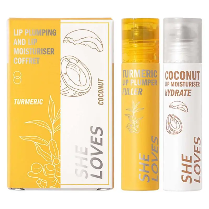 

2pcs Lip Gloss Moisturizing Lip Plumper Gloss Turmeric Coconut Roll-On Lipstick Long Lasting Liquid Lipstick