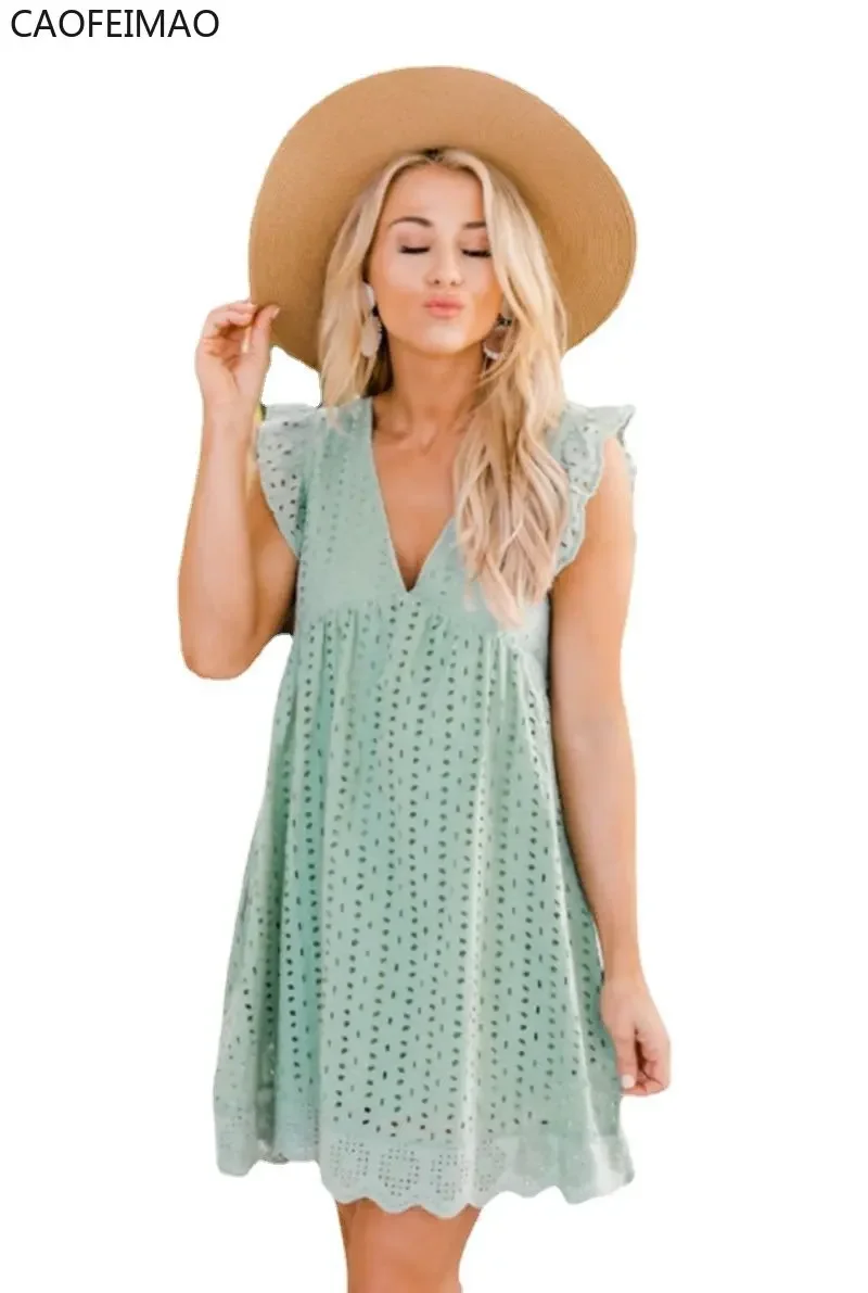 V-neck Summer Short Sleeve Lace Dress Hollow Casual Dress Women Party Dresses Ladies 2025 A Line Vestidos Robe with Pocket
