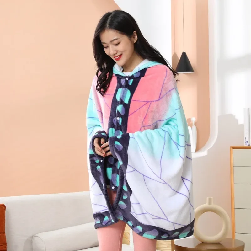 Demon Slayer Blanket Kimetsu No Yaiba Tanjirou Shinobu Pajamas Nezuko Cosplay Cloak Flannel Anime Hoodie Blanket Comfy Homewear