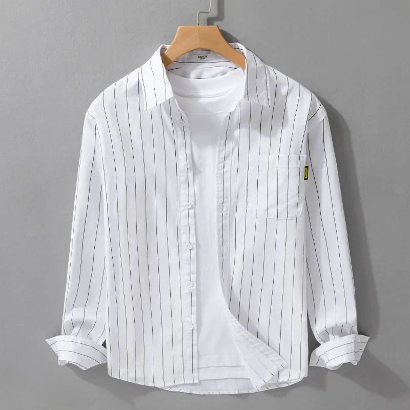

Spring Summer Mens Striped Shirt Long Sleeve Korean Style Male Shirts Lapel Collar Pure Cotton Top Youth Daily Simple Clothing