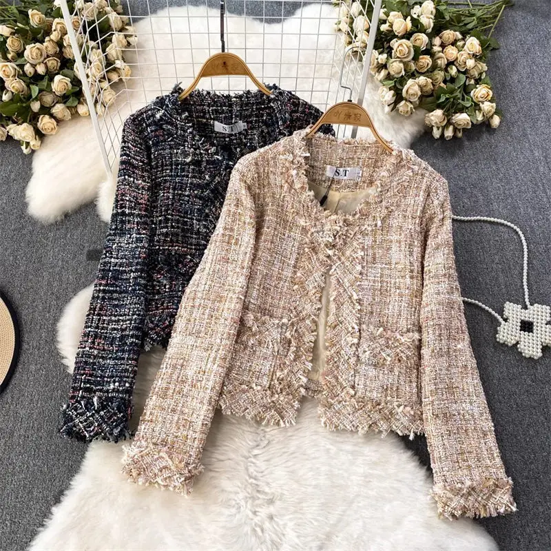 High Quality Noble Temperament Autumn Coat Long Sleeved Round Neck Woven Tweed Tassel Jacket Women's Casual Vintage Top Z2809