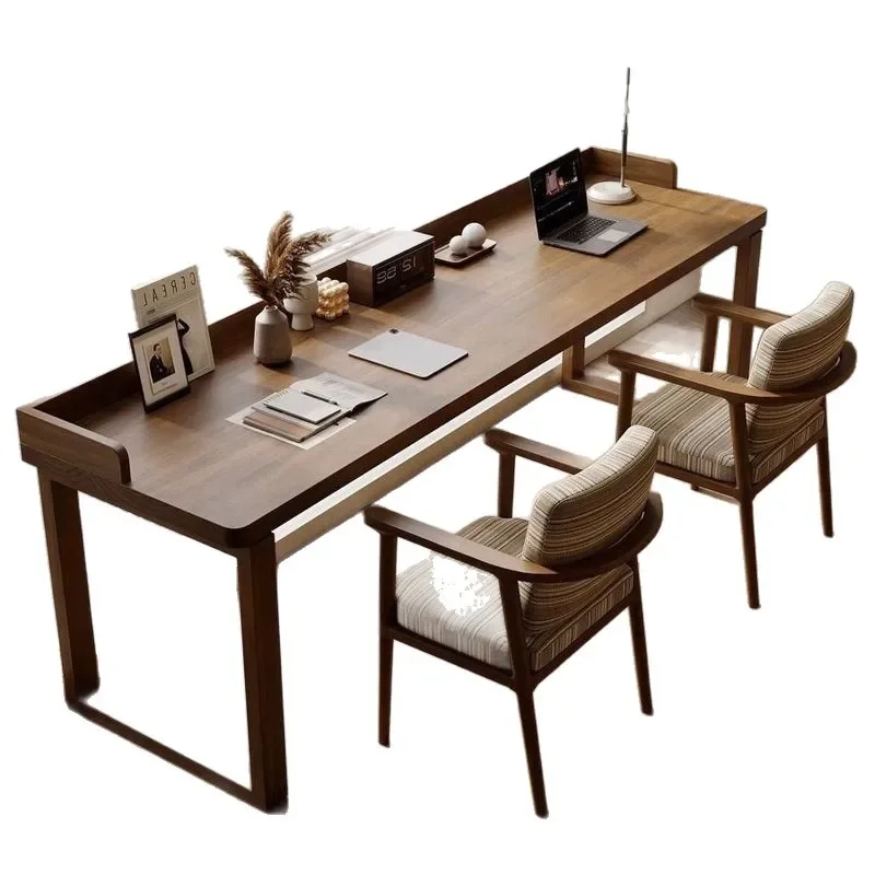 Solid wood retro computer table, double learning table long strip, simple solid wood