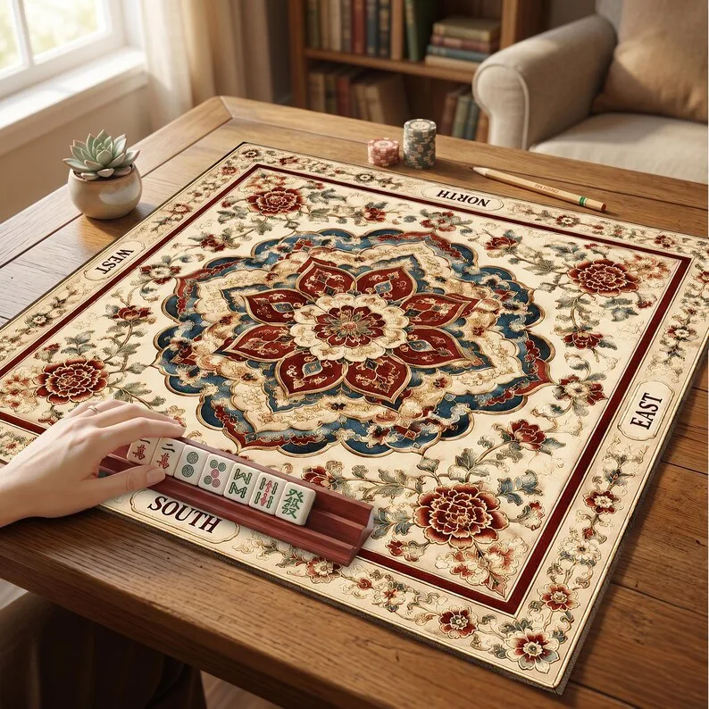 VIKAMA Vintage Persian Floral Mahjong Table Mat Non Slip Washable Noise Reduction Square Pad For American Mahjong Family Party
