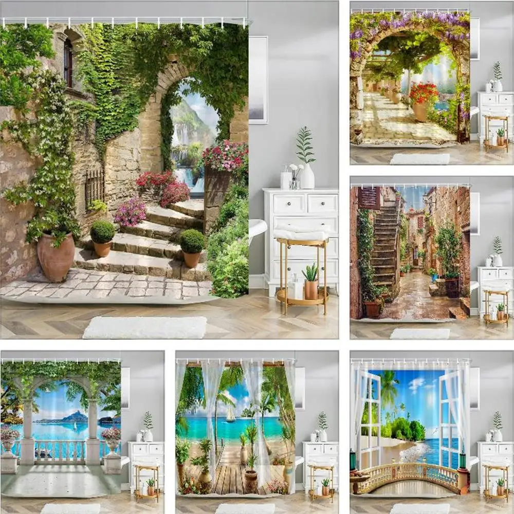 Outdoor Garden Scenery Shower Curtain Luxury European Arches Floral Print Bath Curtain Washable Shower Curtains Bathroom Decor