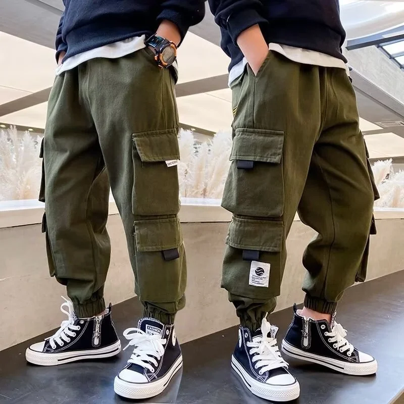 Boys Cargo Pants Teen Multiple Pockets Casual Sweatpants Spring Autumn Kids Thin Sports Trousers Children's Clothing 4-14 Years