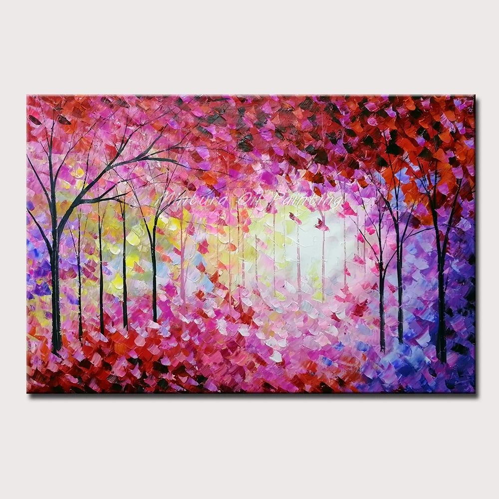 Mintura Handpainted Oil Paintings on Canvas,A Forest of Red Maple Leaves Wall Picture for Living Room,Home Decoration  No Framed