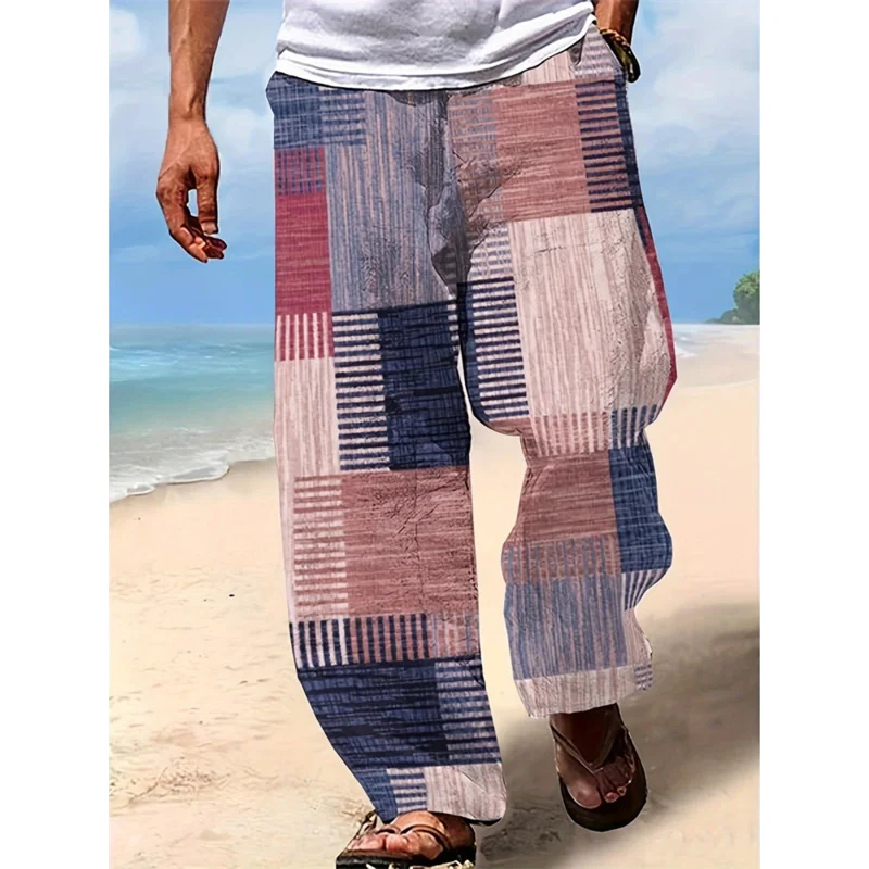 2025 Summer New Men's Casual Pants 3D Retro Shabby Print Beach Pants 100% Polyester Fiber Lightweight Stretch Cord Sweatpants