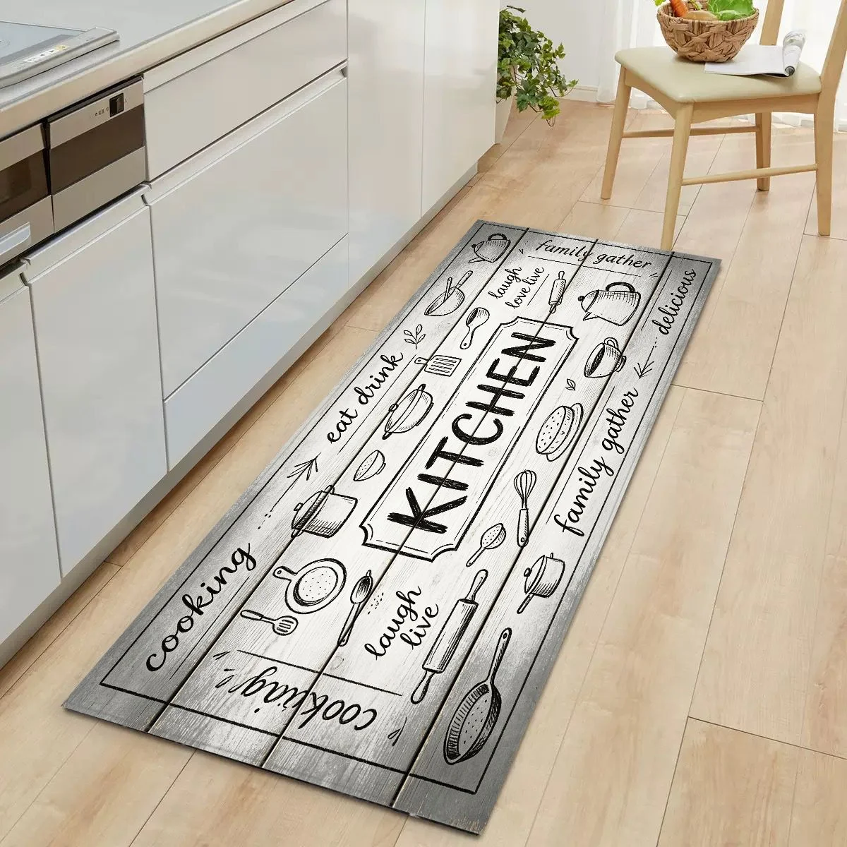 VIKAMA Grey Wood Kitchenware Sketch Runner Mat Waterproof Oilproof Non Slip Anti Fatigue Farmhouse Long Kitchen Floor Rug