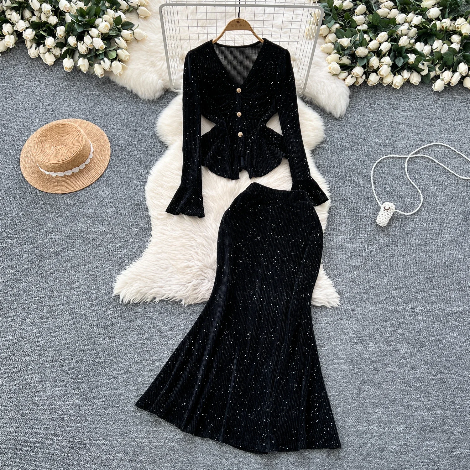 Chic Sequins Women Two-Piece Sets V-neck Metal Buckle Flare Sleeve Top Slim High Waist Mermaid Skirt French High Street Clothing