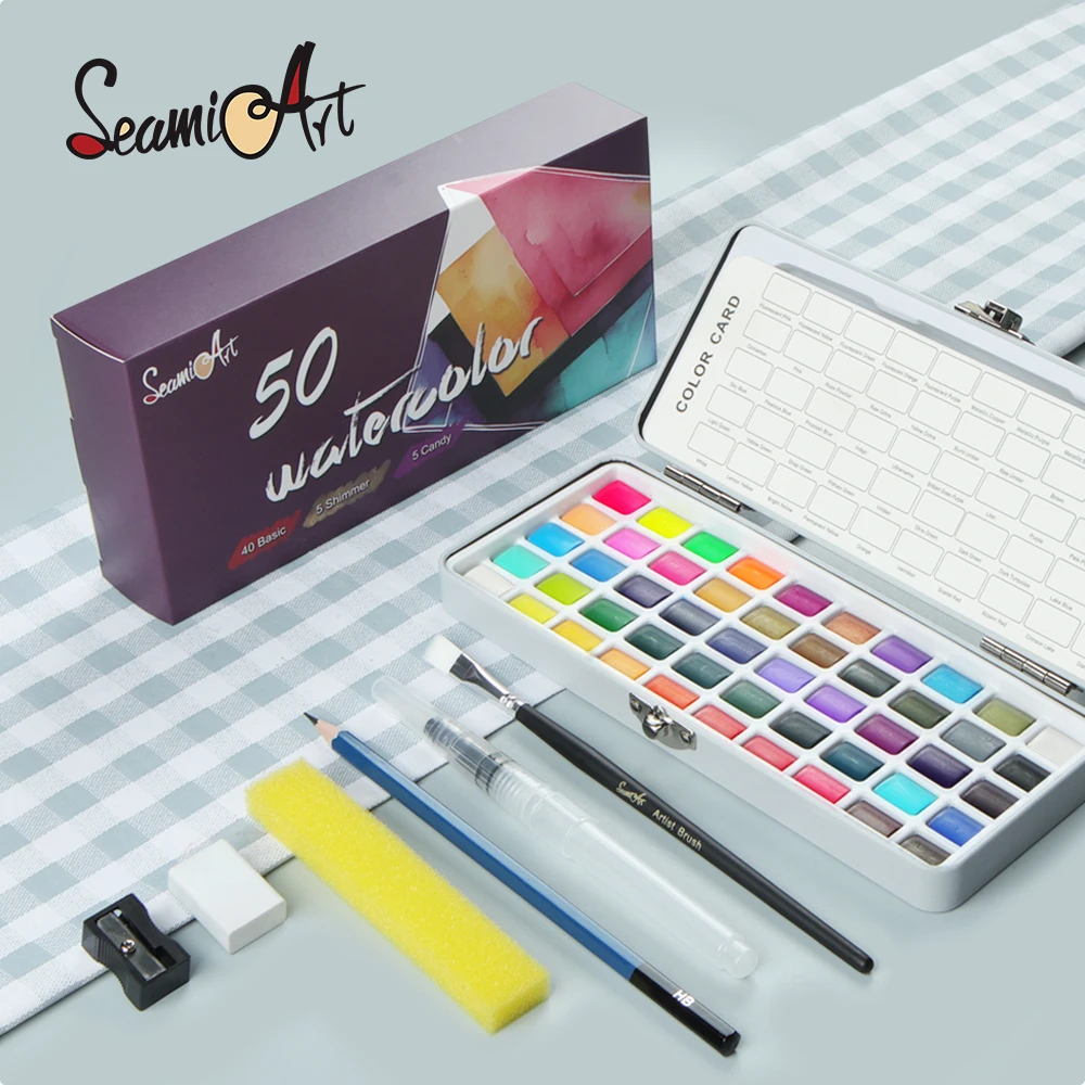 SeamiArt 50color Basic Shimmer Candy Color Pigment Solid Watercolor Painting Set With Paint Brush for Art Supplies