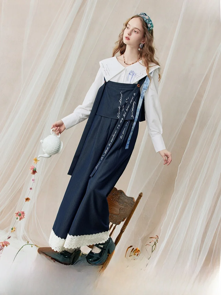 

Two Tee Things Snow Love Poem Lace Patchwork Detachable Print Jumpsuit Women Loose High Waist Wide Leg Pants Sweet Sle