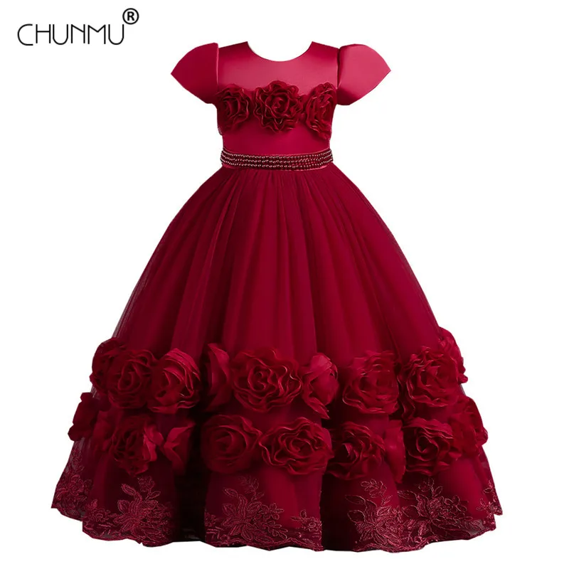 Floral Embroidery Elegant Kids Wedding Dresses Lace Mesh Children\'s Long Formal Princess Dress For Girls Evening Dresses