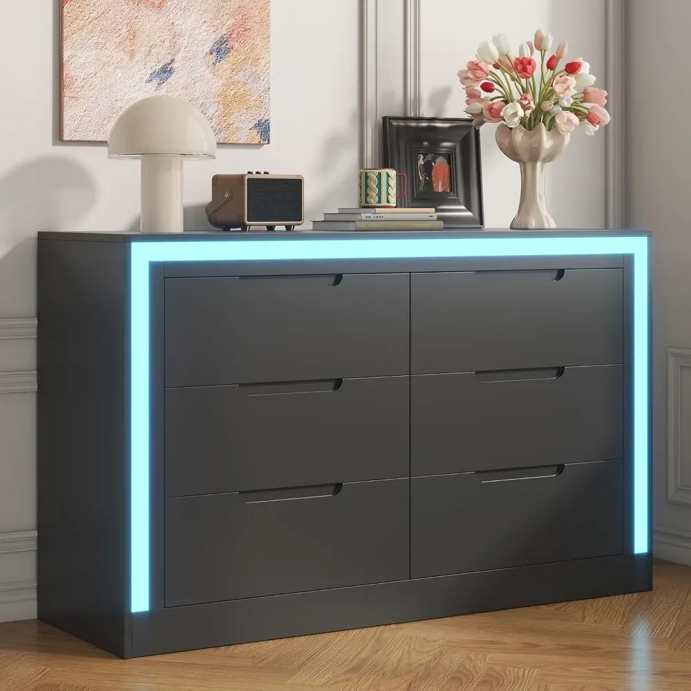 Dresser for Bedroom, 6 Drawer with LED Light, Black Dressers Chests of Drawers,Organizer Storage Drawers for Hallway, Entryway