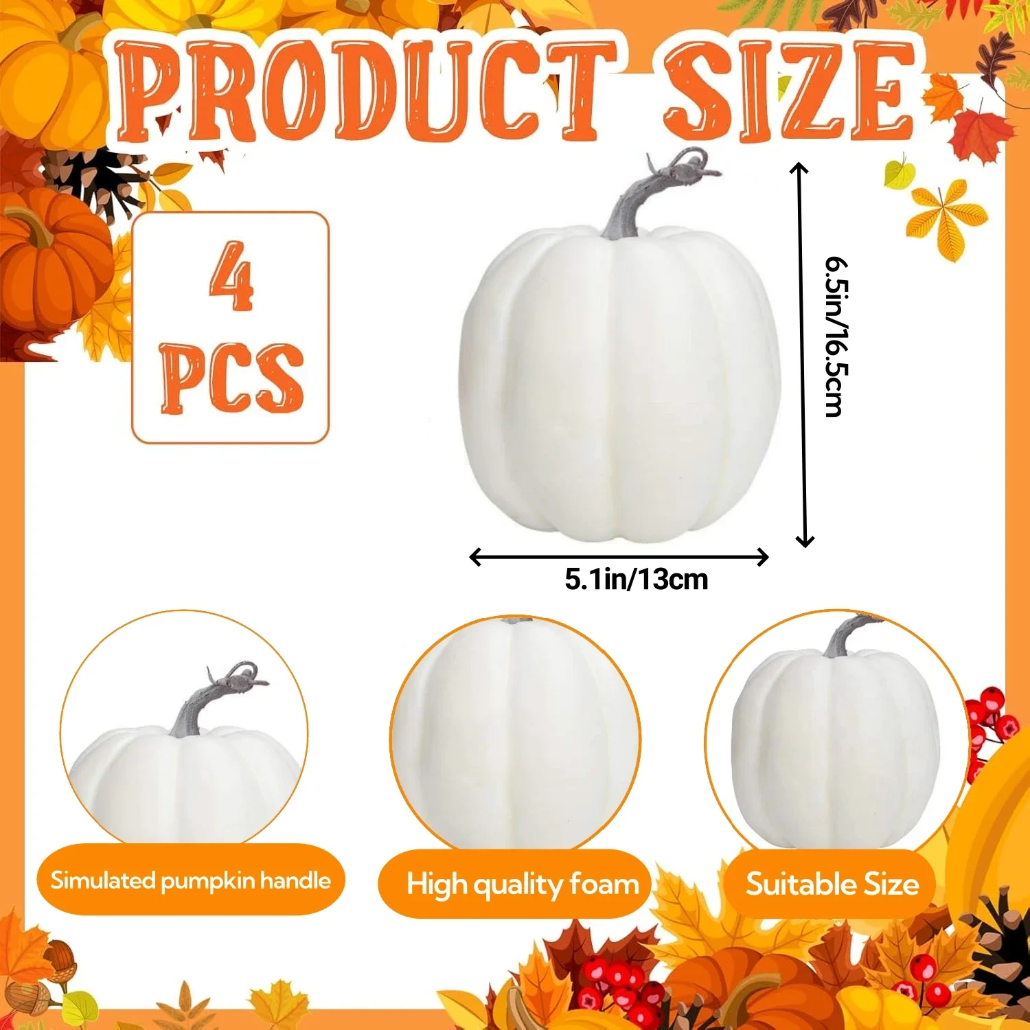 4Pcs Artificial Pumpkins 6 Inch Large Big White Paintable Pumpkins Faux Foam Harvest Pumpkins for Halloween Thanksgiving Decor