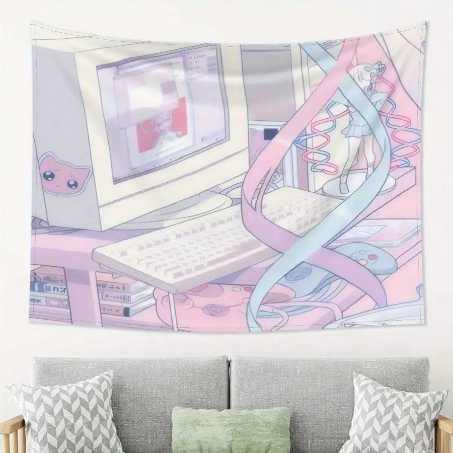 Vaporwave Tapestry - Retro Computer & Anime Girl Wall Hanging, Dreamy Aesthetic Art, Multiple Sizes