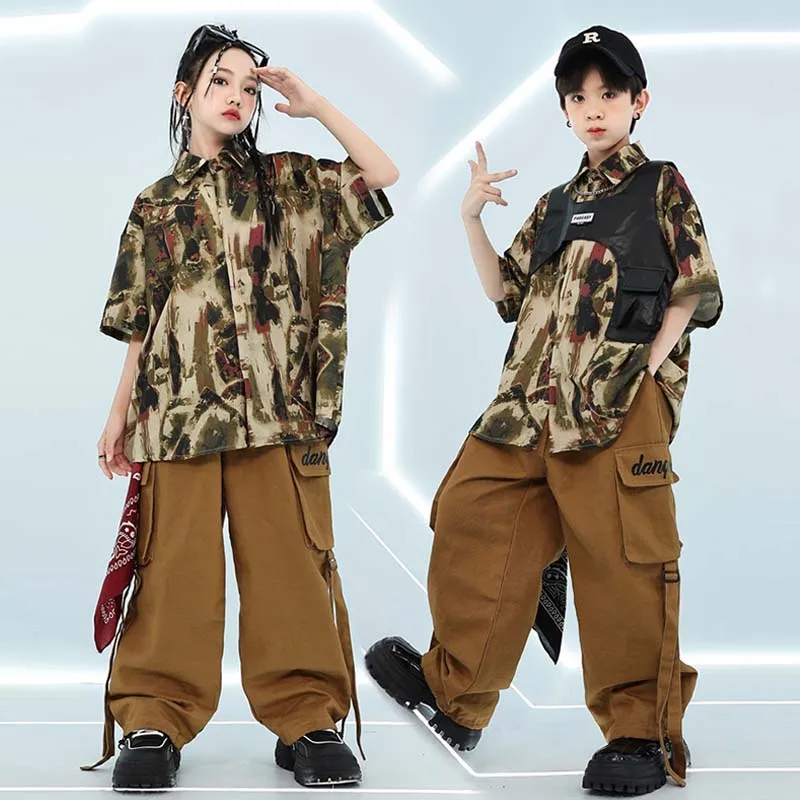 

Children Street Dance Costume Girls Hip Hop Performance Clothing Teen Jazz Kpop Stage Outfit Boy Oversize Shirt Cargo Pants 1170