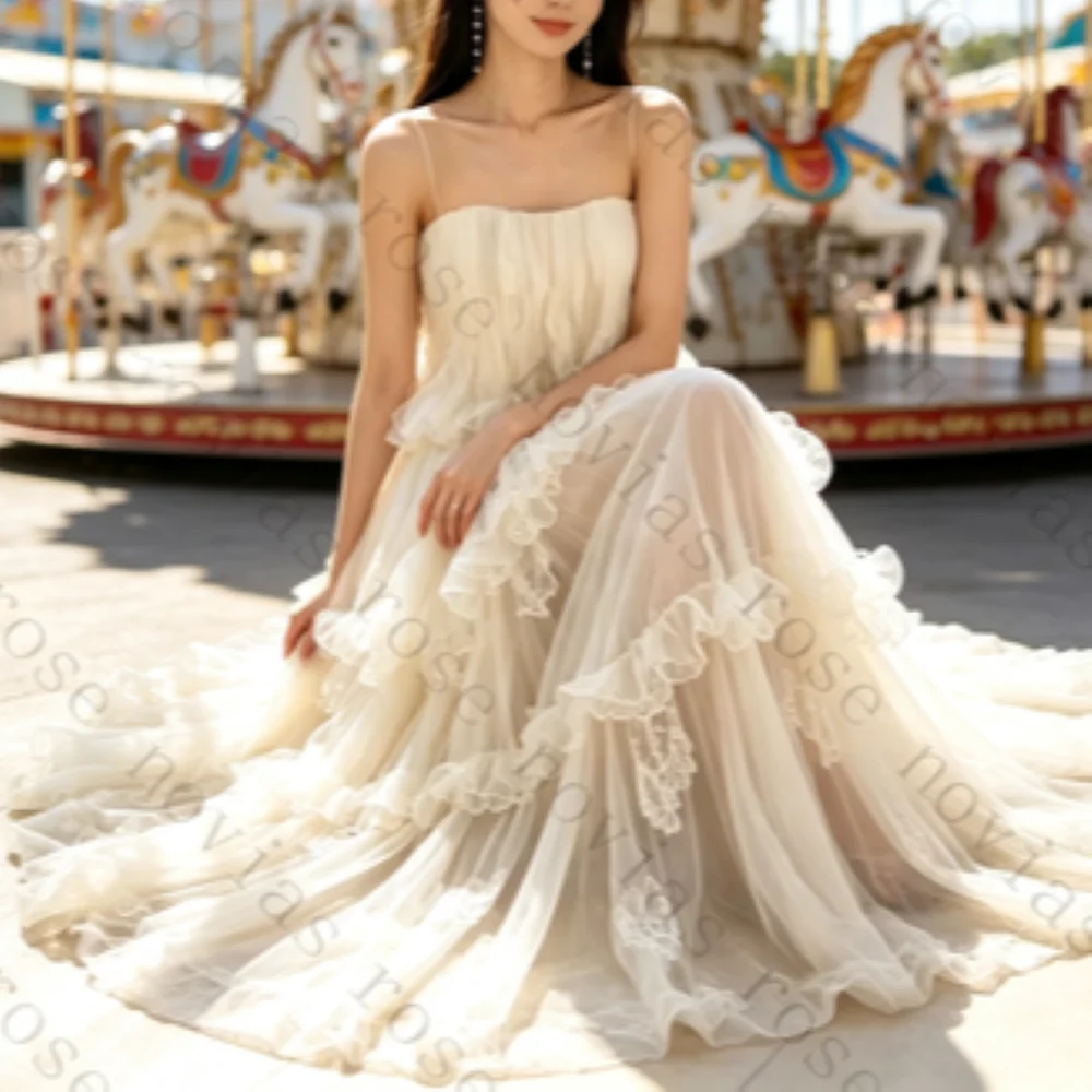 Customized Bohemian Garden Elopement Bridal Gowns Spaghetti Strap Tiered Lace Tulle Ruffle Cascading Loose Wedding Dresses