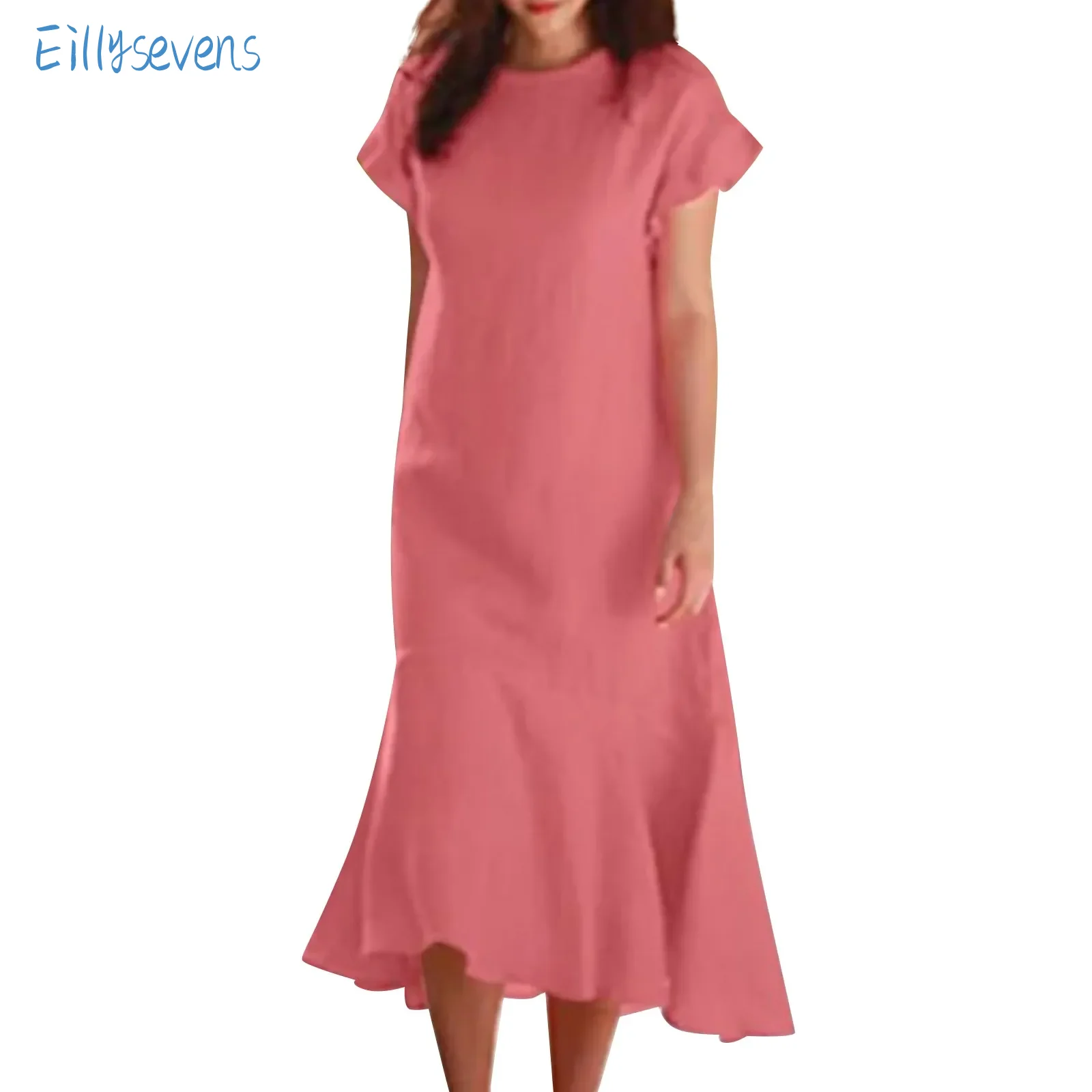 

Women'S Ruffle Short Sleeve Dress Causal Simple Solid All-Match Round Neck Ruffle Hem Dress Cotton Linen Long Straight Dresses