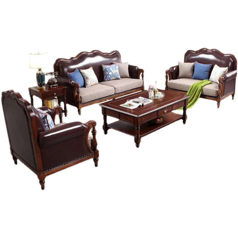 

Customizable American all-solid wood sofa living room leather coffee table combination