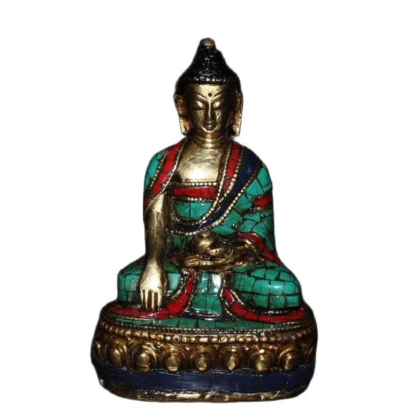 

Chinese Old Tibetan Craft Green Pine Inlaid Pure Copper Buddha Statue