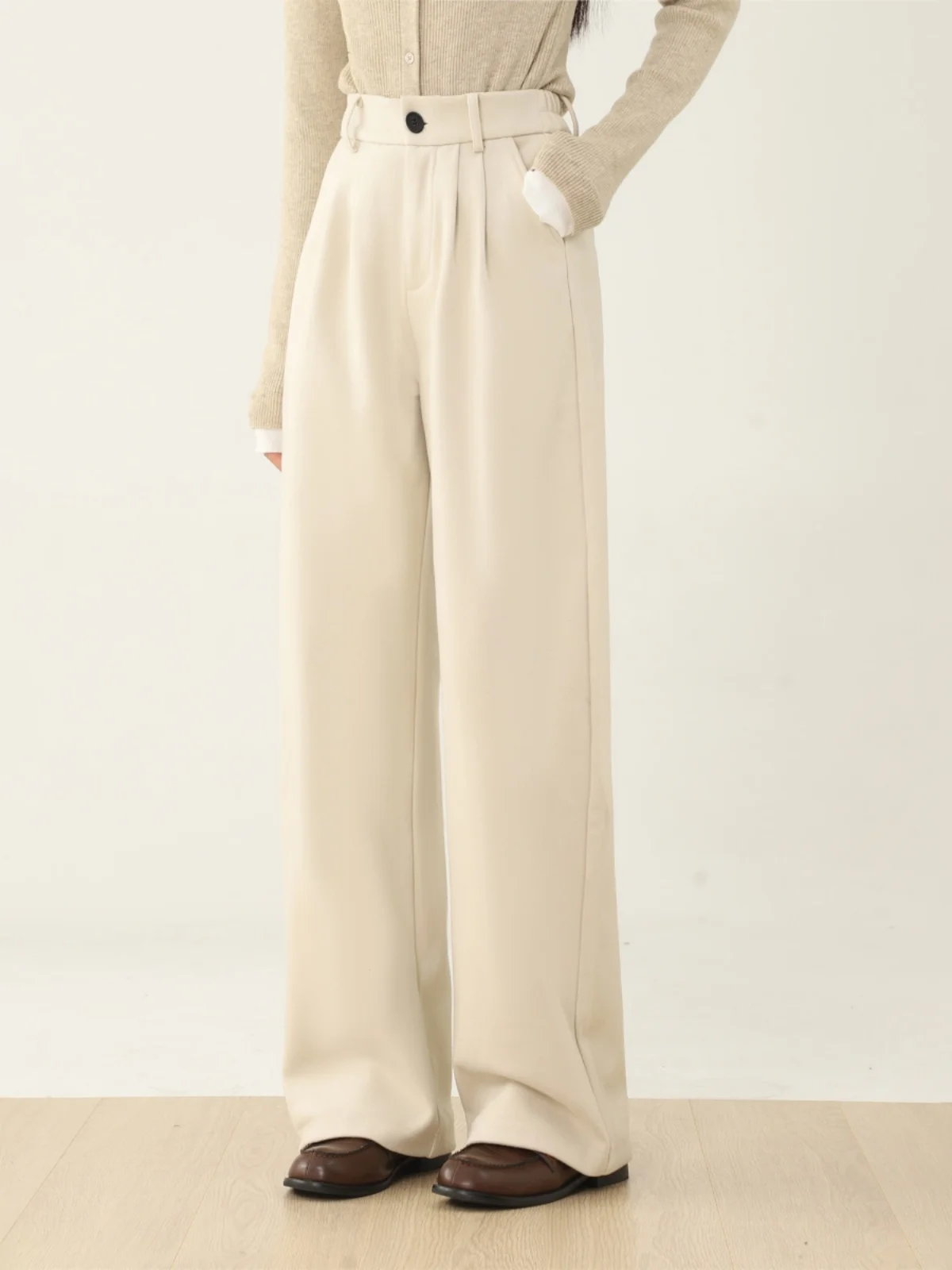 กางเกงสูทขายาวทรงตรงสีน้ำตาลสำหรับผู้หญิง รุ่น Crsu Loose Long Thin ผ้าผสมฝ้ายและขนสัตว์ แฟชั่นต้นฤดูใบไม้ผลิ 2026