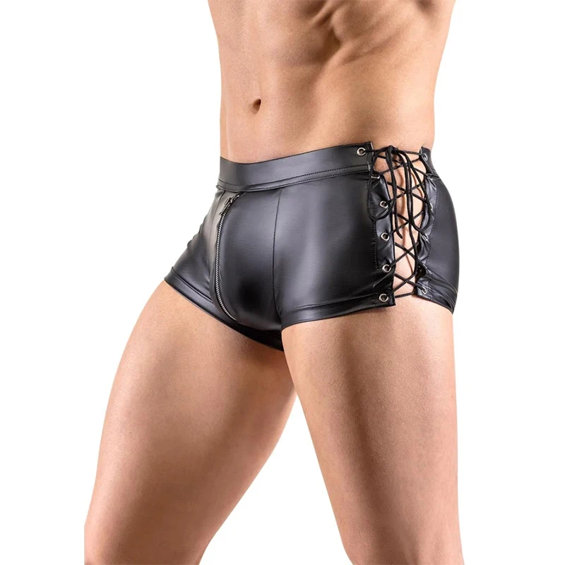 Uomini Sexy effetto bagnato Pvc pelle verniciata lucido Boxer breve Lace Up Side Fetish Shorts Hot Pants top intimo Lingerie Outfit