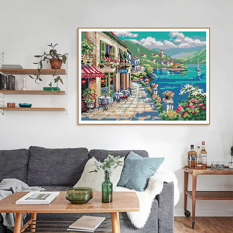 

Новый набор для вышивания крестиком: пейзаж с пляжной гостиницей, декор для гостиной, экологичный хлопок, чисто белый узор, домашняя ткань