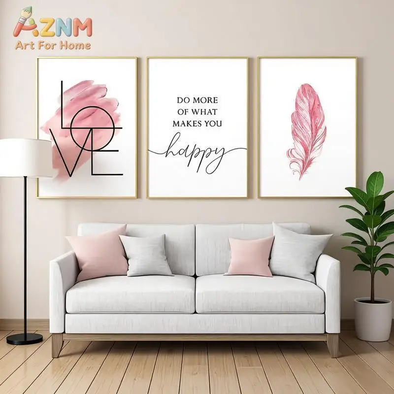 AZNM Pink Watercolor Love Quote Canvas Wall Art, Frameless Minimalist Inspirational Text Print, 