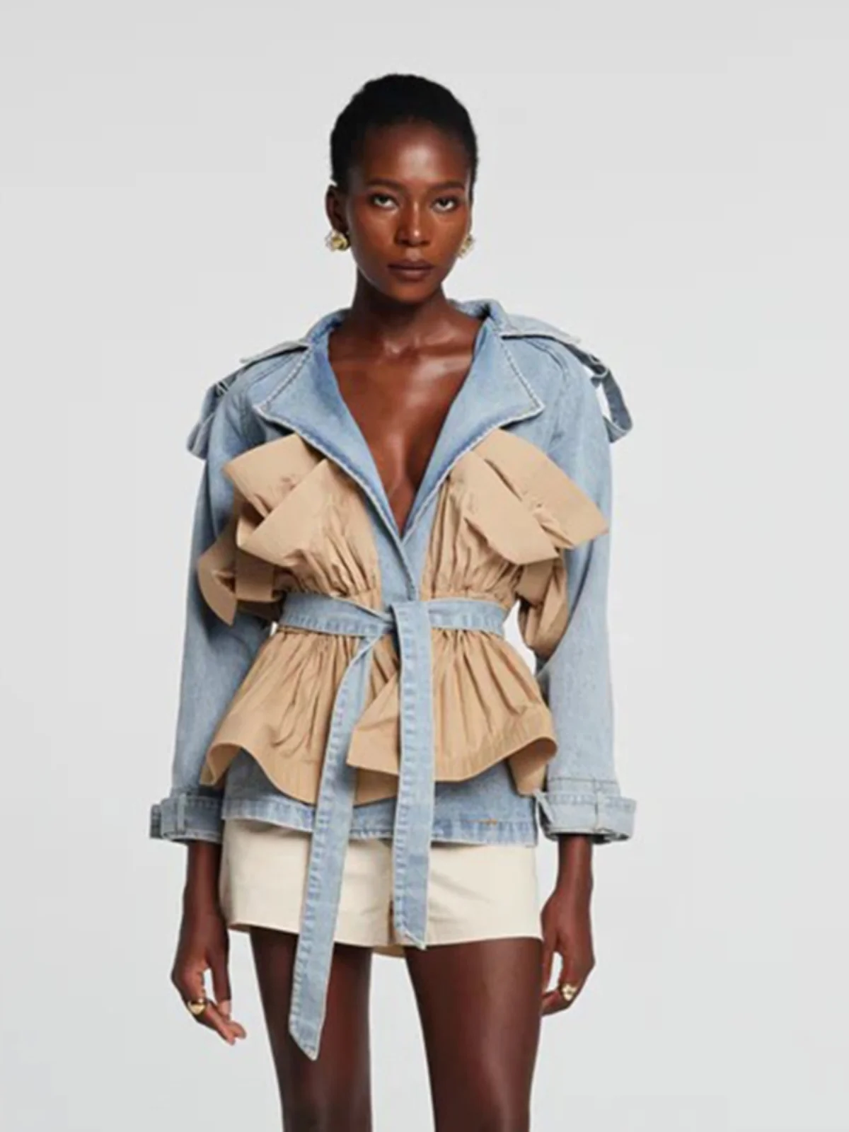 

Women's Design Turn-down Collar Denim Jaet Autumn New Color Blo Irregular Hem Pleated Waist-cinching Trendy ort Coat