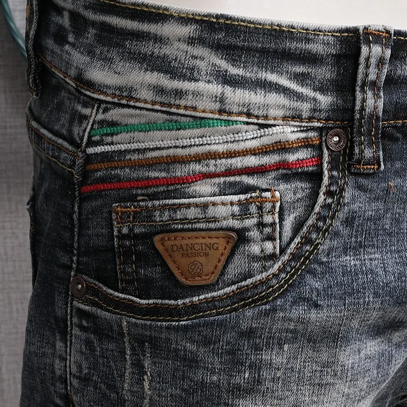 Fashion Trendy Men Jeans Retro Washed Gray Blue Elastic Stretch Slim Ripped Jeans Homme Vintage Patched Designer Denim Pants Men