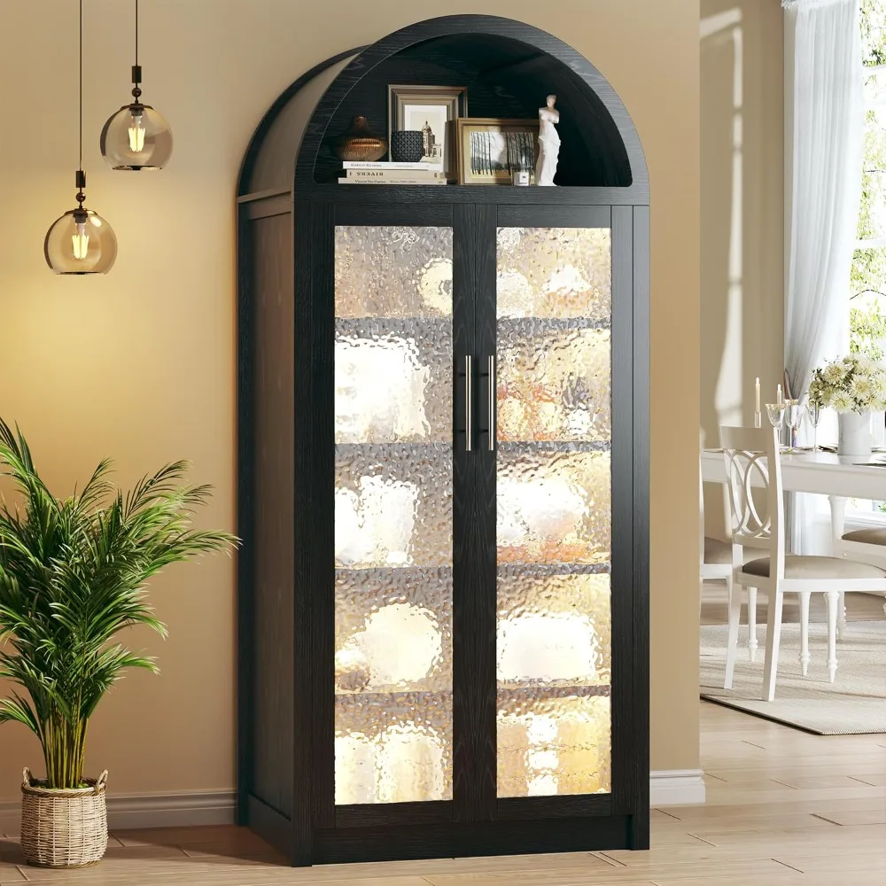 خزانة مقوسة طويلة مع 3 أضواء ملونة، خزانة تخزين مخزن المطبخ مع أبواب زجاجية وأرفف قابلة للتعديل، حديثة من 6 طبقات