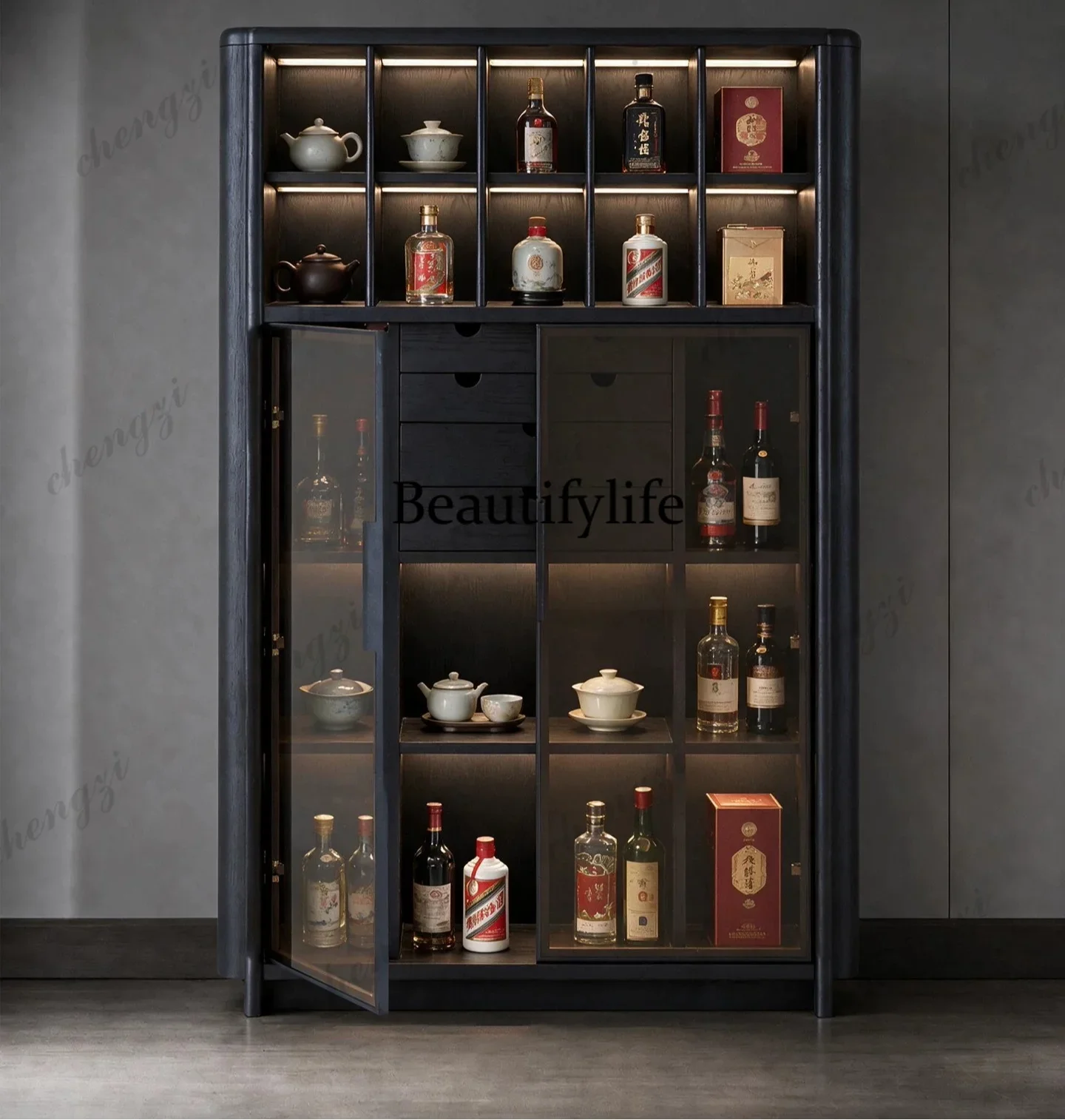 a55 Italian minimalist solid wood bookcase glass door floor-to-ceiling display cabinet modern combination locker with lamp view 4