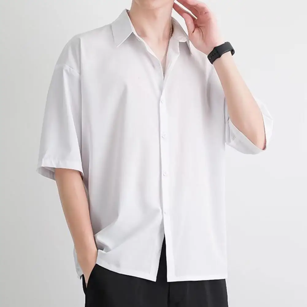 Camisa informal transpirable para hombre, camisa de verano de Color sólido con cuello vuelto, diseño de un solo pecho, comodidad informal