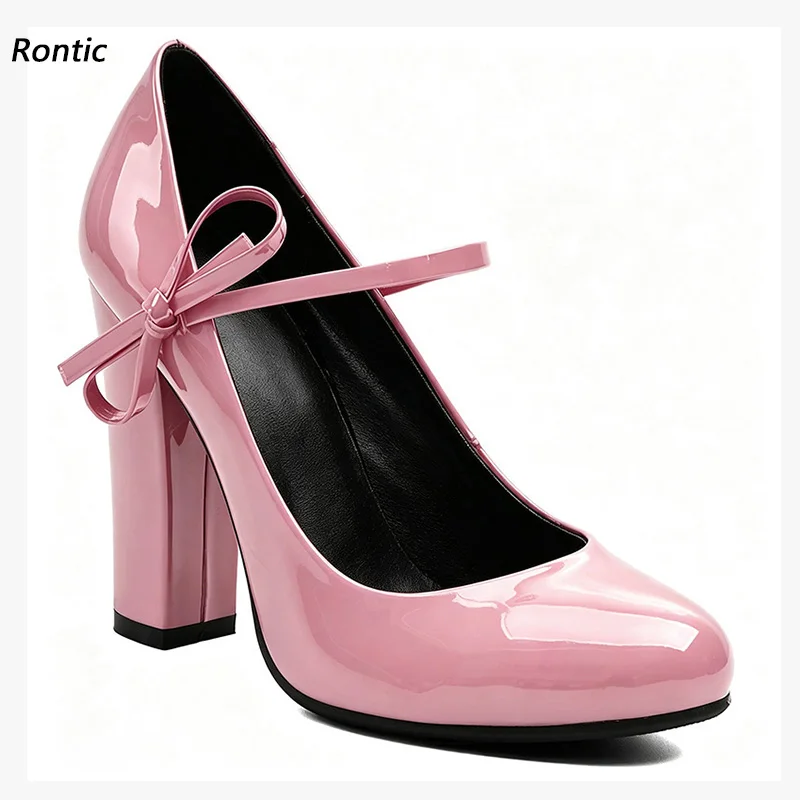 Rontic Women Patent Leather Mary Jane Pumps Round Toe Block High Heels Ladies Bow Ankle Strap Party Dress Wedding Evening Shoes