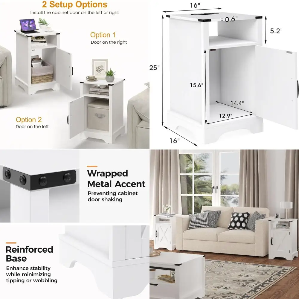 

Rustic White Farmhouse Nightstand with Charging Station, Storage, and Large Wooden Design for Bedroom