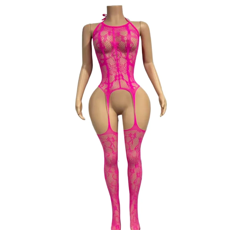 One Pieces Sexy Crotchless Bodysuits for Women Erotic Outfits Mesh Sheer Teddy Jumpsuits High Waist Elastic Long Sleeve Rompers