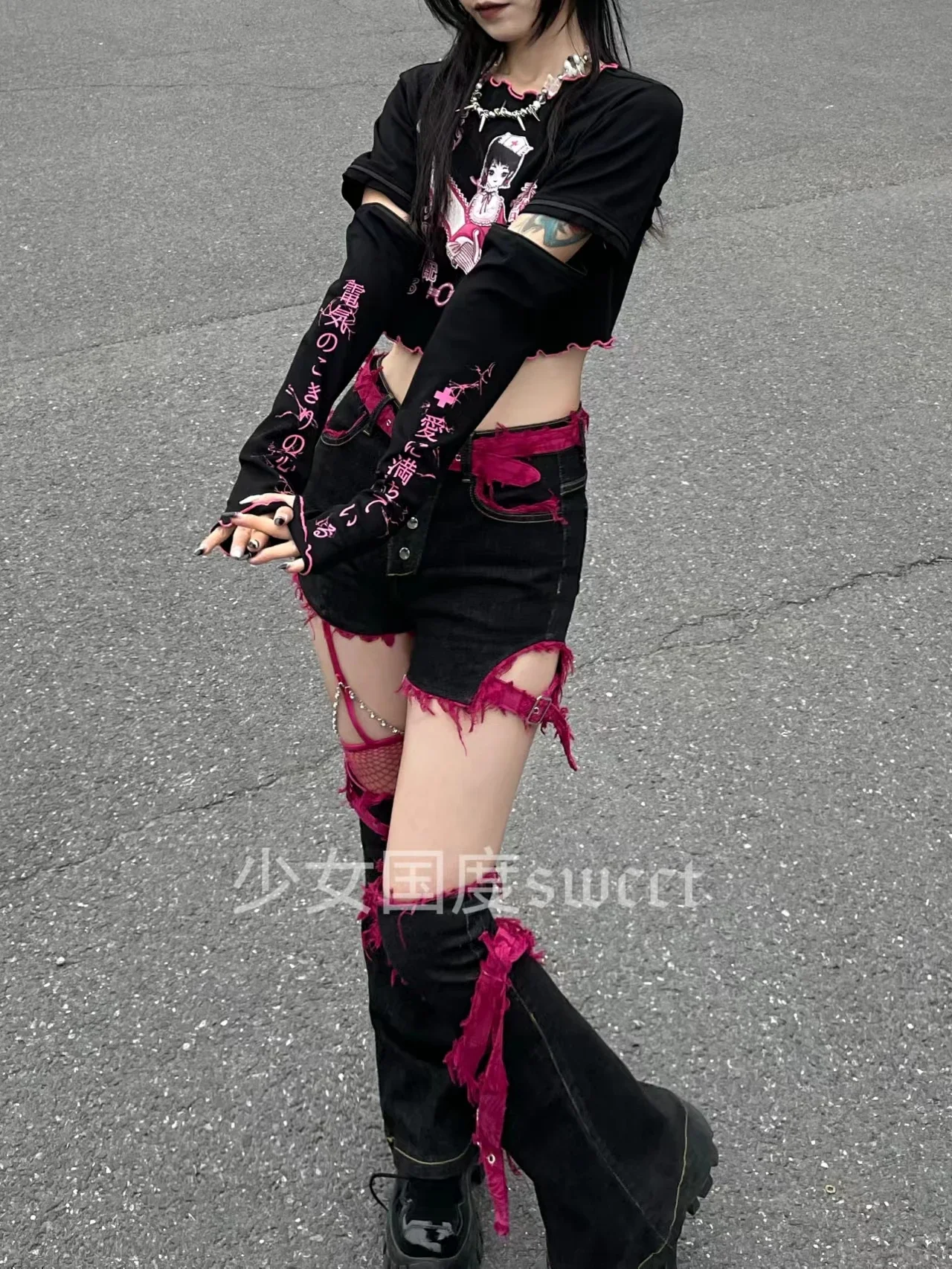 Hot Girls Y2K Subculture Black Pink Denim Shorts Color Collision Hollow Out Tassels Shorts Japanese Cute Sexy Shorts Leg Cover