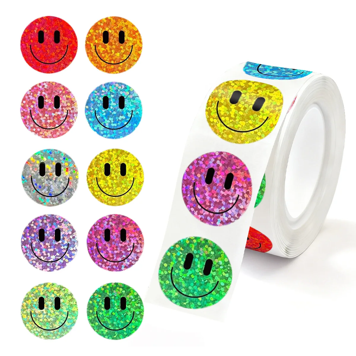 JCAC 500 Stück/Beutel Lächelnde Glitzer-Stern- & Smiley-Gesicht-Aufkleber, Bunte Glänzende Folienaufkleber, Fröhliche Schüler-Belohnungsaufkleber – Detail 7