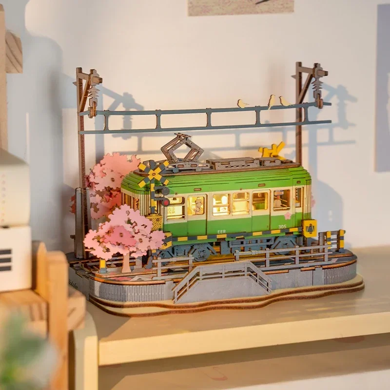 Wooden Handmade Building Blocks Assembled Tram Three-dimensional Jigsaw Model Decoration Girl Gift Decoration Collection