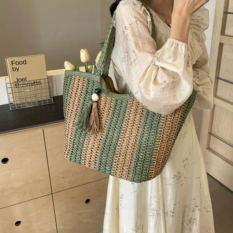 Tassels Design Big Straw Stripe Underarm Bags for Women 2024 Summer Fashion Shoulder Bags  Travel Handbags Weave Tote Beach Bag