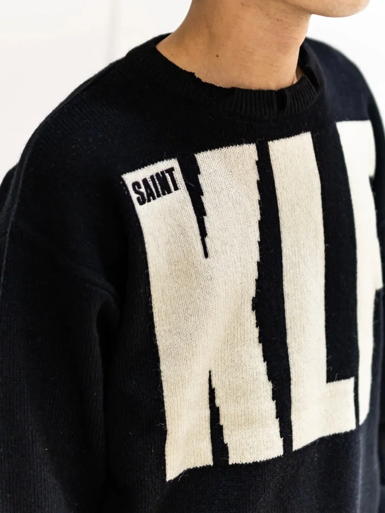 

Mens Oversized Saint KLF Knitted Sweater Distressed Design Wool Pullover Street Fashion