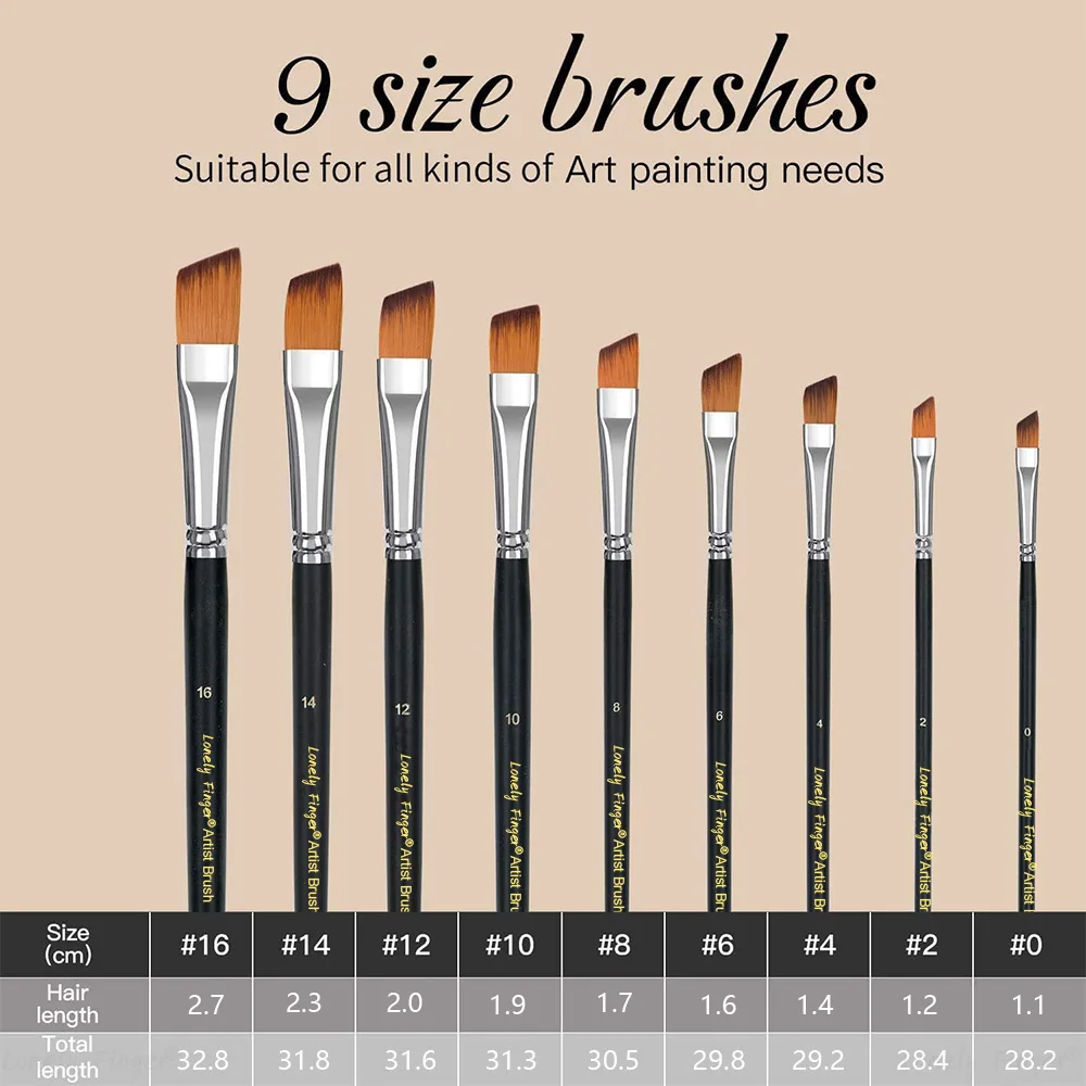 9pcs Paint Brush, Nylon Hair Long Handle Angled Paint Brushes Set Artist Painting for Acrylic, Watercolor,Oil Painting