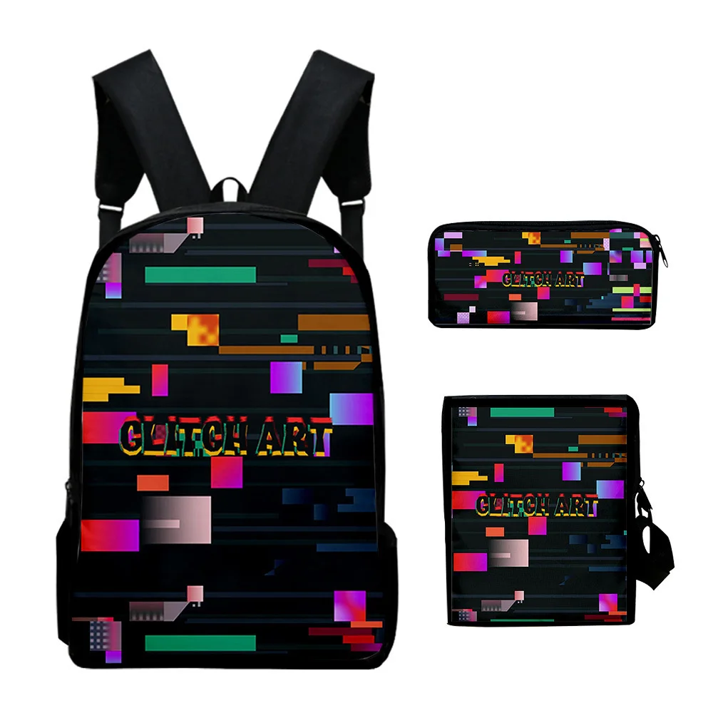 Popular Novelty glitch art 3D Print 3pcs/Set pupil School Bags Laptop Daypack Backpack Inclined shoulder bag Pencil Case