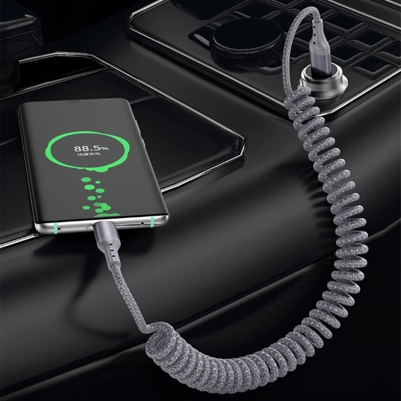 Car Area USB C Charging Cord, Spring Form Type C to Type C Textile Cable with Up to 100W for Daily Travel Use HX5E