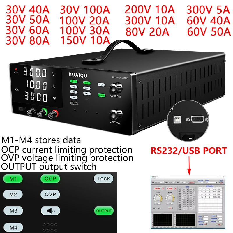 

300V 10A 3000W Programmable Adjustable DC Lab Bench Power Supply 30V 100V 200V 60V RS-232/USB Port OCP OVP OUTPUT Power Source