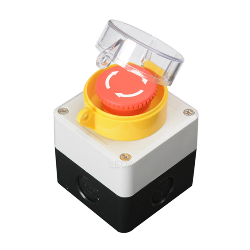 1Pcs 22mm Emergency Stop Mushroom Head Push Button Switch With Protective Cover Plastic Box 1 NO 1 NC 10A IP65 Waterproof