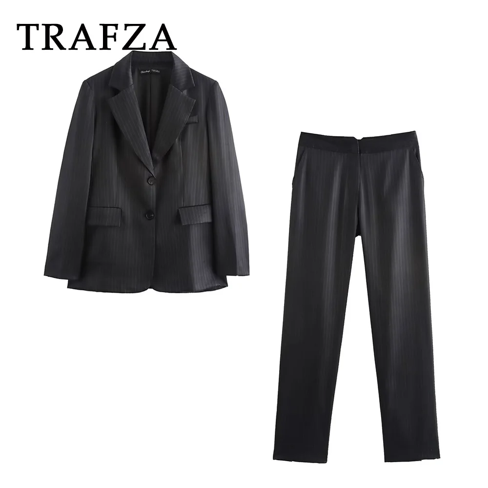 TRAFZA 2024 Autumn Winter Women Pinstripes Office Lady  Suits Single Breasted Blazers+Zipper Long Slim Pants Elegant Women Sets